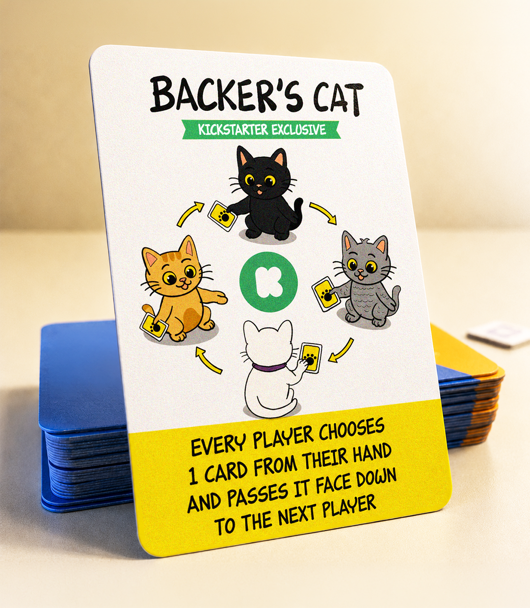 Backer's Cat. Exclusive yellow card for Kickstarter backers.