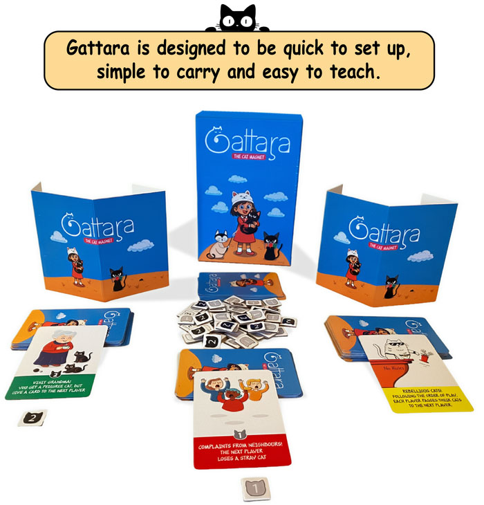 Gattara box with cards, tokens and player screens
